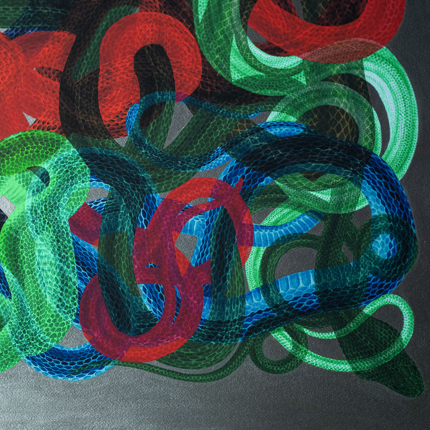 Snakes I - hand embellished with metallic pigments 100x100cm - Image 6